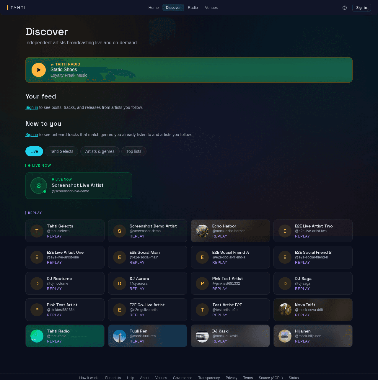 Discover page — live channels, replays, and new releases